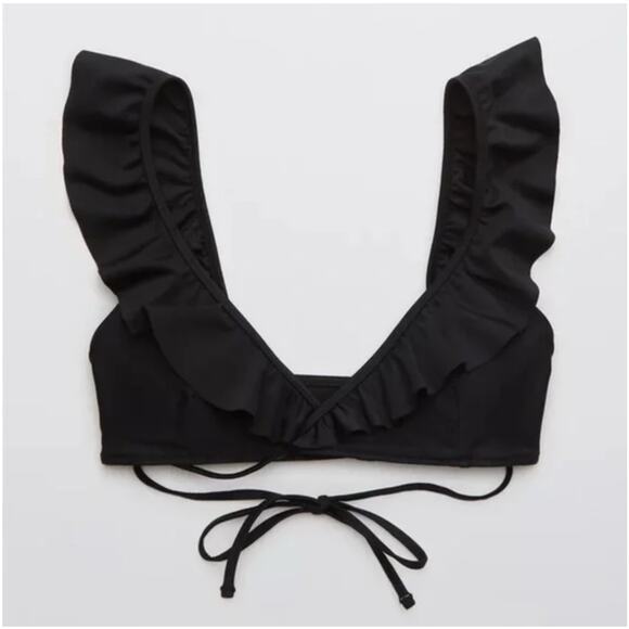NWT! Aerie Ruffle Wrap Bikini Top in True Black - Size Medium - Picture 4 of 10